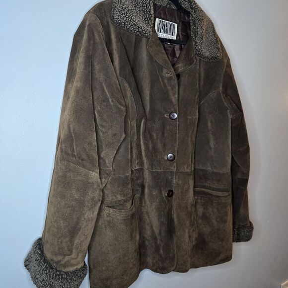 Fashion Elements Vintage Suede Leather Jacket Button Up Sherpa Trim Brown L - Picture 2 of 11